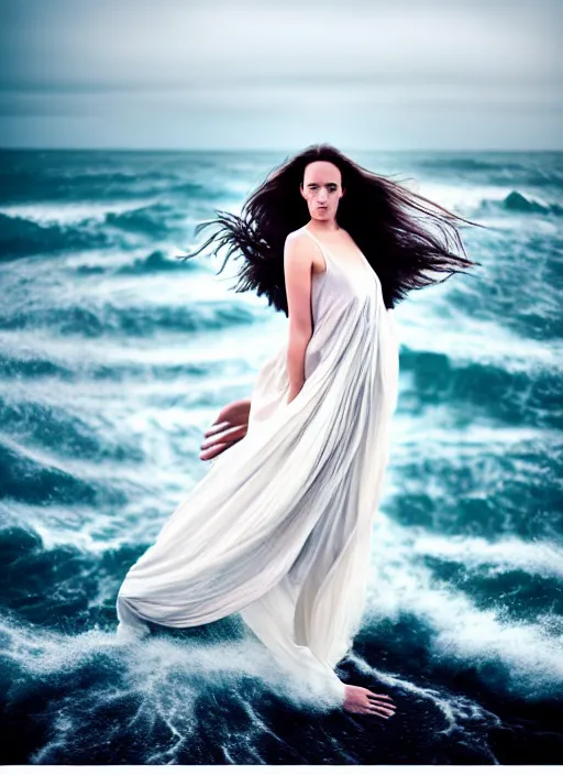 Image similar to cinestill 5 0 d portrait photo of a beautiful woman, britt marling 3 / 4, delicate, subsurface scattering, long hair floating in air in style of gilles zimmermann, 1 5 0 mm, windy mood, dress in voile, mute dramatic colours, soft blur outdoor stormy sea background, volumetric lighting, hyper detailed, hyper realistic