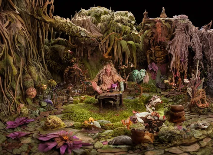 Image similar to detailed studio photography of a fantasy claymation diorama of the dark crystal, zeiss lens, detailed, by erwin olaf, joop geesink, wes anderson, jim henson, brian froud, breathtaking, 8 k resolution, beautiful lighting, studio light, extremely detailed, beautiful, establishing shot, realistic materials, weta digital fx manuka, unreal engine, hyperrealistic