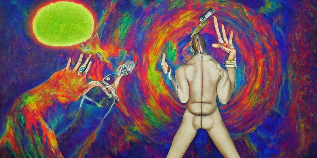 Image similar to a psychedelic surreal painting of a man removing a nail made of energy from his third eye