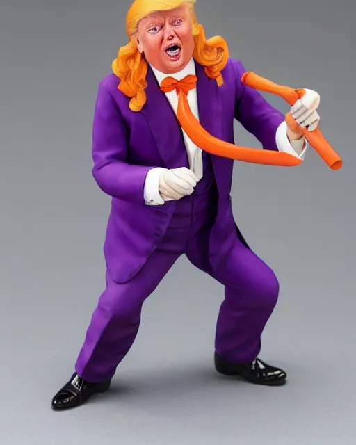 Image similar to maquette sculpture of donald trump as willy wonka, he is wearing a victorian era purple jacket and pants, and a velvet purple top hat over his long orange hair. he is holding a candy cane colored cane. his skin is an orange color like an oompa loompa. in the style of sideshow collectibles, highly detailed sculpture