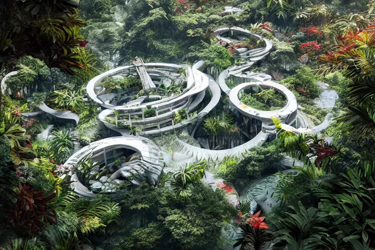 Prompt: brutalist futuristic white Aztec structures, manicured garden of eden, vivid pools and streams, tropical foliage, bromeliads, azaleas, Japanese maples, birds, sculpture gardens, Winter, by Jessica Rossier and Brian Froud