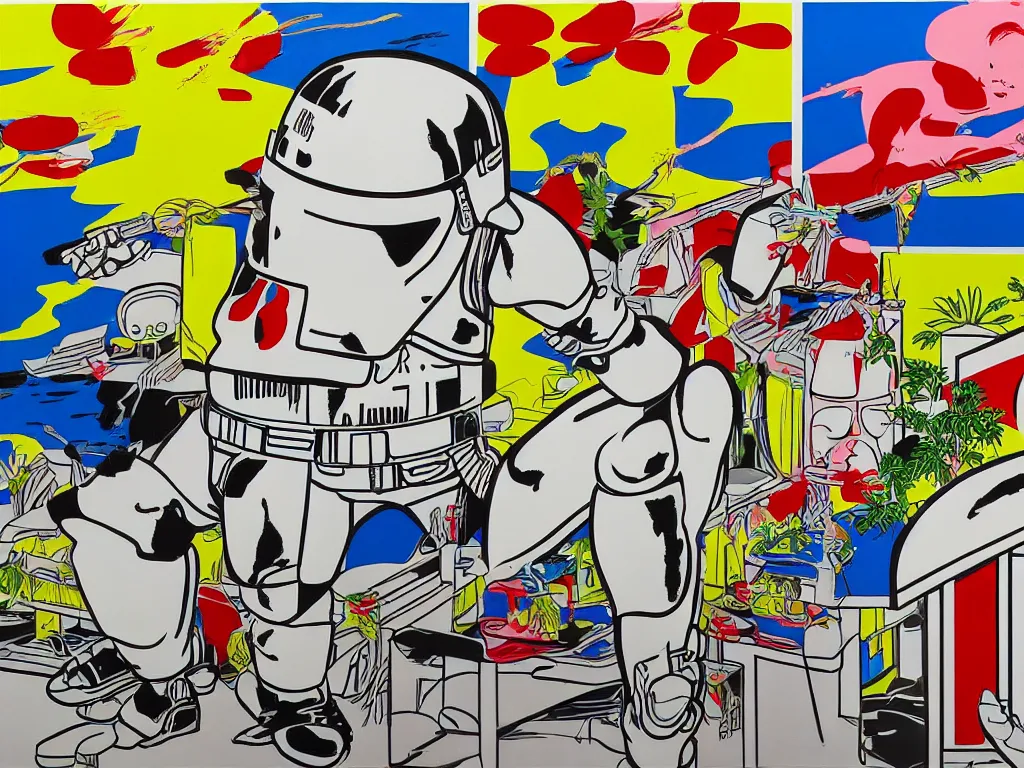 Image similar to hyperrealism composition of the japanese home with a garden, detailed stormtrooper in hot springs, pop - art style, jacky tsai style, andy warhol style, roy lichtenstein style, acrylic on canvas