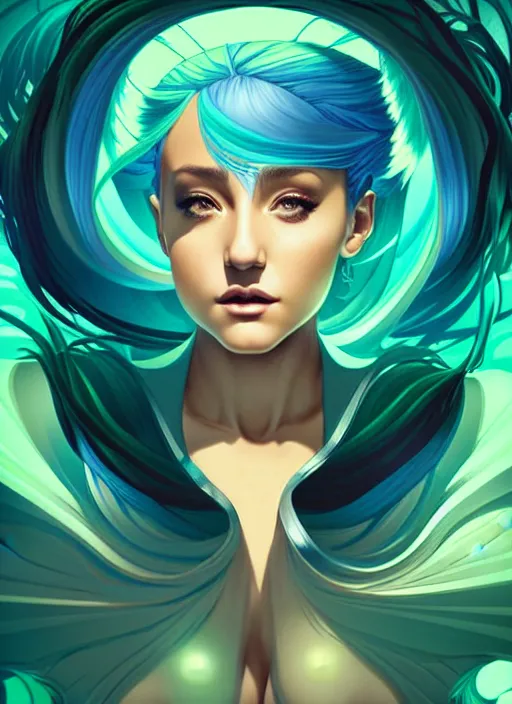 Prompt: style artgerm, joshua middleton, illustration, ariana grande as a high priestess wearing green pelt light armor, blue hair, swirling water cosmos, fantasy, dnd, cinematic lighting