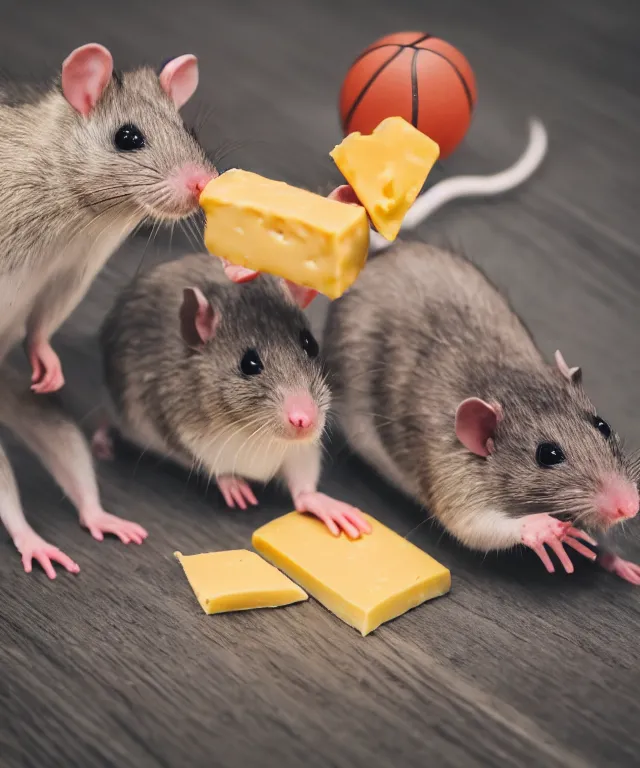 Prompt: high quality presentation photo of cute anthropomorphic rats playing basketball with cheese, photography 4k f1.8 anamorphic bokeh 4k Canon Nikon