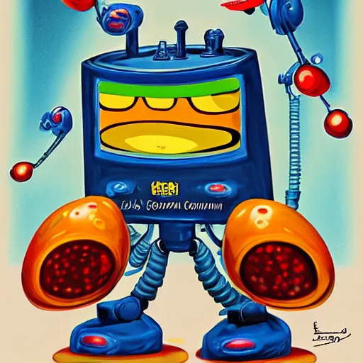 Prompt: the queen of robots, digital painting masterpiece, by ed roth and denys cowan and rockin jelly bean
