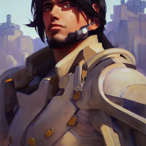 Image similar to greg manchess portrait painting of eren jager as overwatch character, medium shot, asymmetrical, profile picture, organic painting, sunny day, matte painting, bold shapes, hard edges, street art, trending on artstation, by huang guangjian and gil elvgren and sachin teng