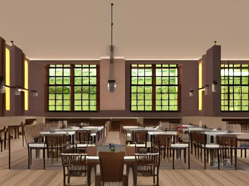 Prompt: interior design of a dining hall, light brown color scheme, 4 k, photorealist