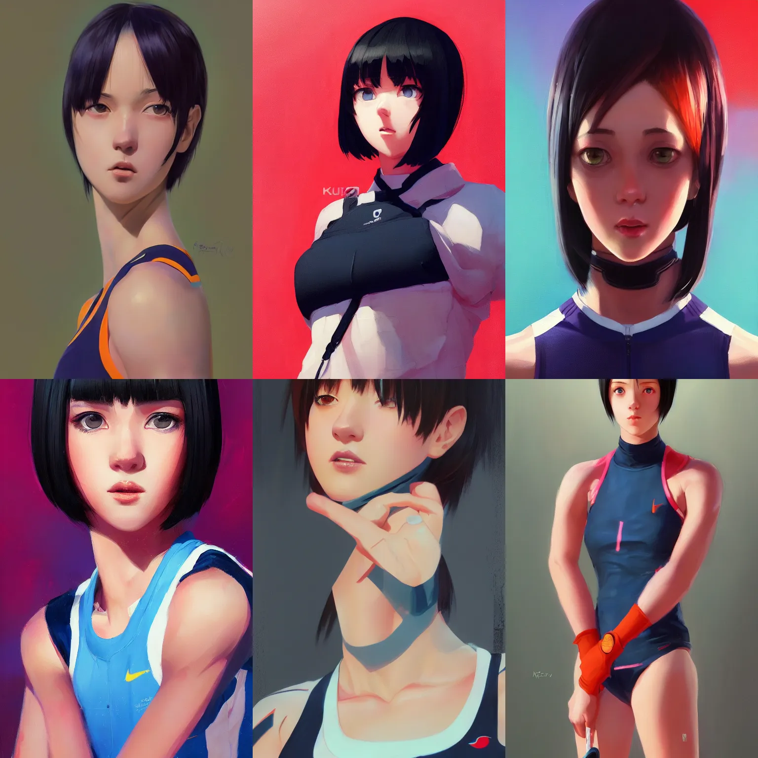 Prompt: a portrait of a cute female athlete with black bob cut hair, sports setting, vivid colors, soft lighting, atmospheric, cinematic, moody, in the style of Ilya Kuvshinov and Range Murata, Krenz Cushart, rule of thirds, oil on canvas, 8k