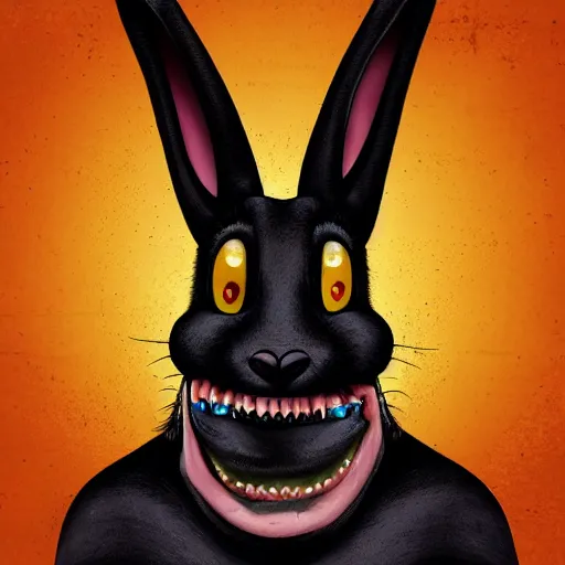 Image similar to A extremely highly detailed majestic hi-res beautiful, highly detailed head and shoulders portrait of a scary terrifying, horrifying, creepy maniacal crazy black cartoon rabbit with scary big eyes, earing a shirt laughing maniacally , let's be friends, in the style of a Walt Disney cartoon