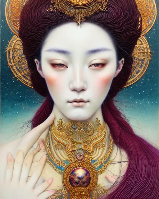 Image similar to portrait of a beautiful celestial goddess, unusual beauty, esoteric, muted colors, head in focus, fantasy art, ornamental aesthetics intricate, elegant, highly detailed, hyperrealistic painting, artstation, concept art, painterly, sharp focus, illustration, art by chie yoshii