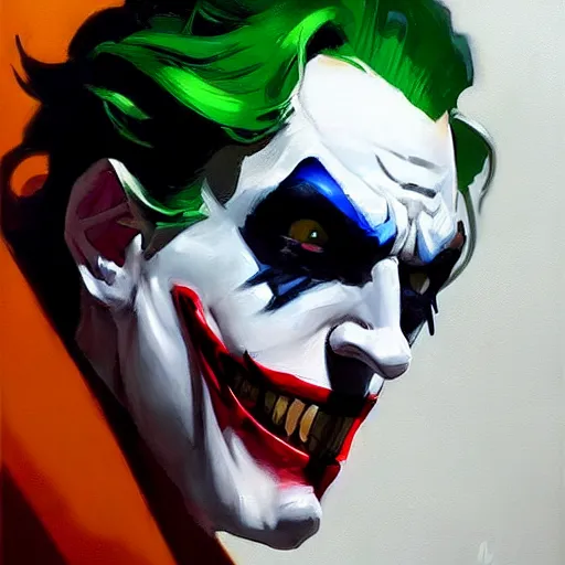 Image similar to Greg Manchess portrait painting of The Joker as Overwatch character, medium shot, asymmetrical, profile picture, Organic Painting, sunny day, Matte Painting, bold shapes, hard edges, street art, trending on artstation, by Huang Guangjian and Gil Elvgren and Sachin Teng