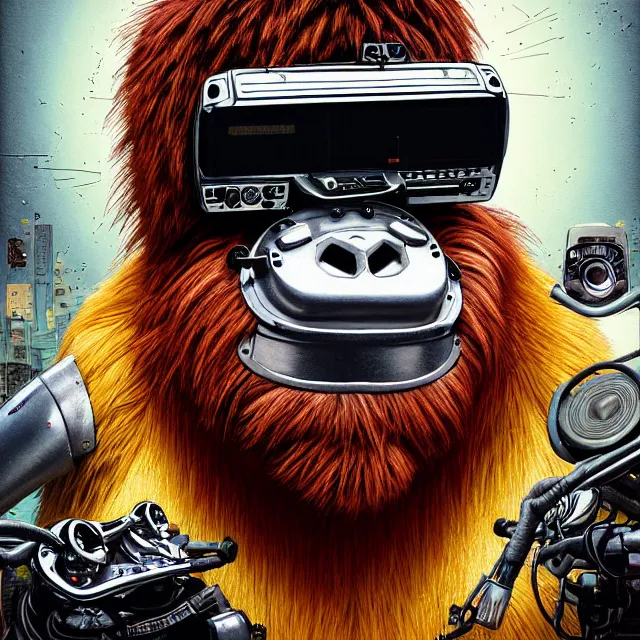 Image similar to a portrait of an anthropomorphic cyberpunk orangutan in a motorcycle helmet by sandra chevrier, detailed render, tape deck, boombox, headphones, epic composition, cybernetics, 4 k realistic, cryengine, realistic shaded lighting, sharp focus, masterpiece, by matteo scalera, gary montalbano, peter elson in the style of the tokyo ghost comic