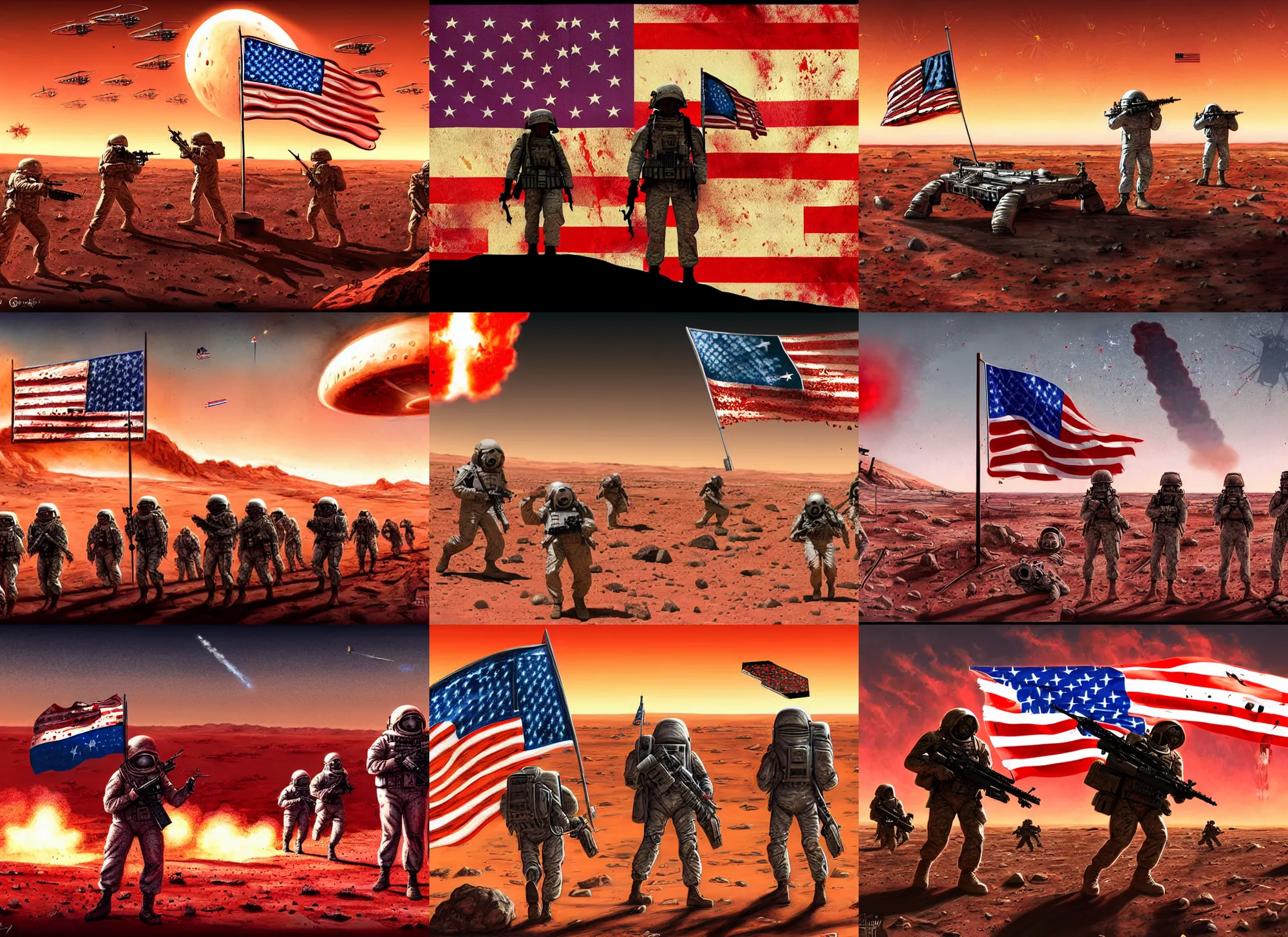Prompt: american soldiers invaded mars, lot of dead corpses peaceful aliens, raised a bloody american flag, realistic 4 k, mars invasion 2 0 3 3 - 2 0 4 2, explosions, drones, war digital art by greg ritkowski