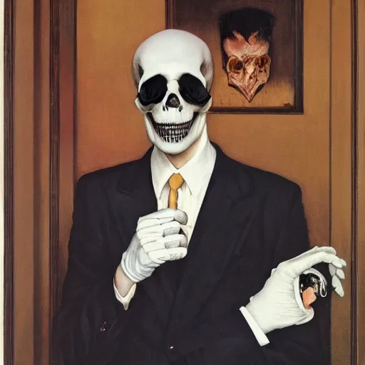 Prompt: portrait of a suited man with gloves and a skull mask, by Gerald Brom and Norman Rockwell