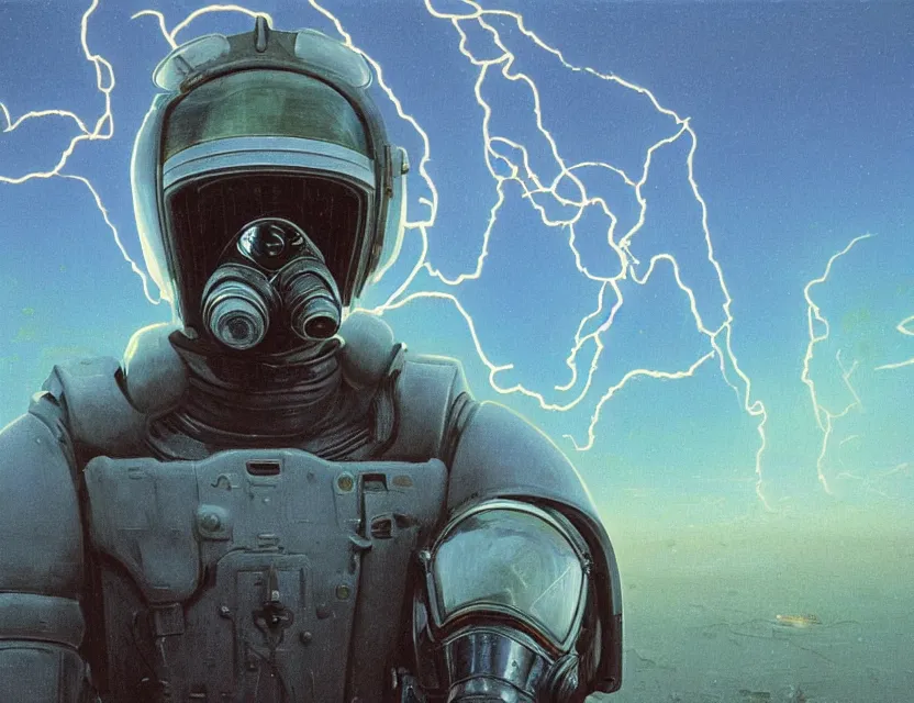 Image similar to a detailed portrait painting of a lone bounty hunter pilot wearing combat armour, gas mask and a reflective visor. Head and chest only. Movie scene, cinematic sci-fi scene. Flight suit, cloth and metal, accurate anatomy. portrait symmetrical and science fiction theme with lightning, aurora lighting. clouds and stars. Futurism by beksinski carl spitzweg moebius and tuomas korpi. baroque elements. baroque element. intricate artwork by caravaggio. Oil painting. Trending on artstation. 8k