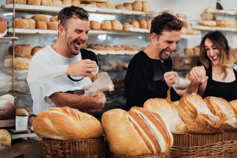 Prompt: 3 people in a bakery laughing at bread,