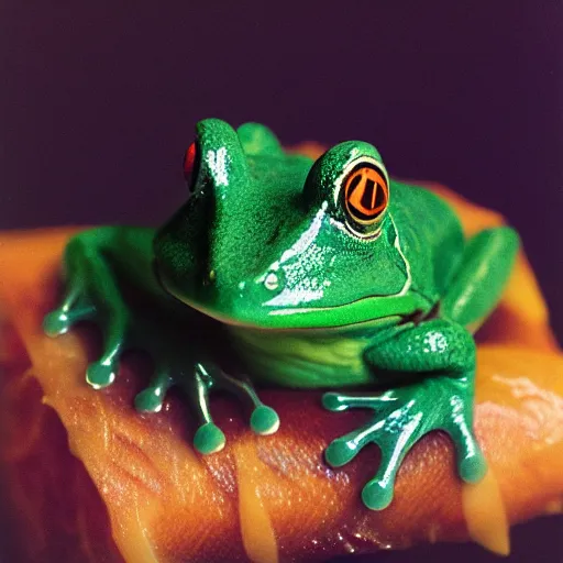 Image similar to frog head sushi,, professional studio photography, cinestill, 800t, 35mm, full-HD