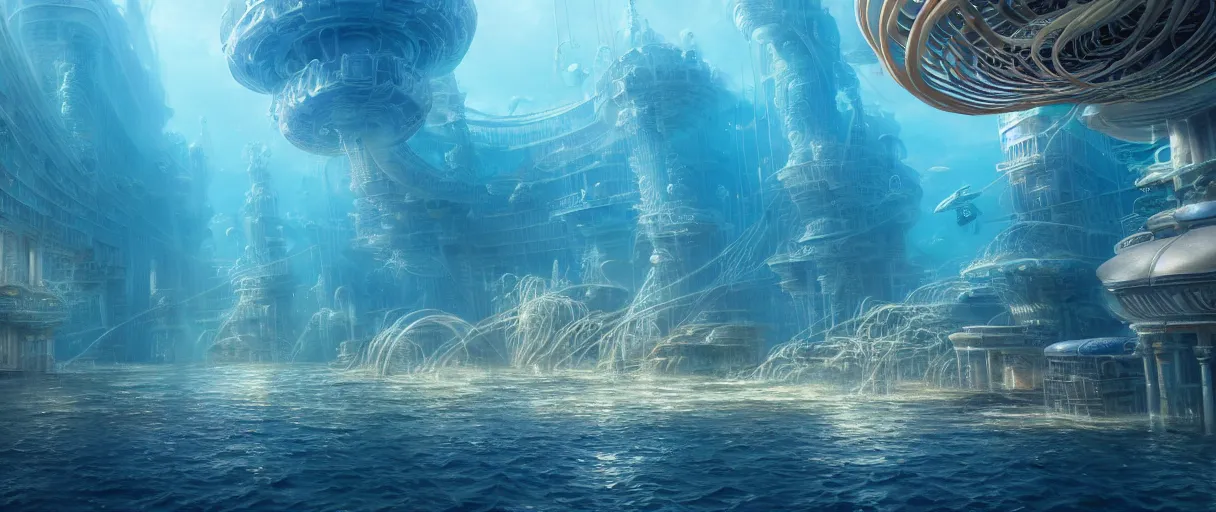 Image similar to hyperrealistic hyper detailed underwater neo-dystopian city of atlantis surrounded by giant pearlescent jellyfish matte painting concept art maciej kuciara hajime sorayama cinematic soft orange lighting low angle hd 8k sharp shallow depth of field