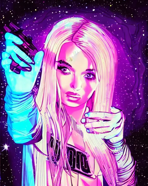 Image similar to a pulp illustration of a gorgeous kim petras in dead space, with wild blonde hair and haunted eyes, 1 9 7 0 s, space station, neon light, delicate embellishments, painterly, offset printing technique