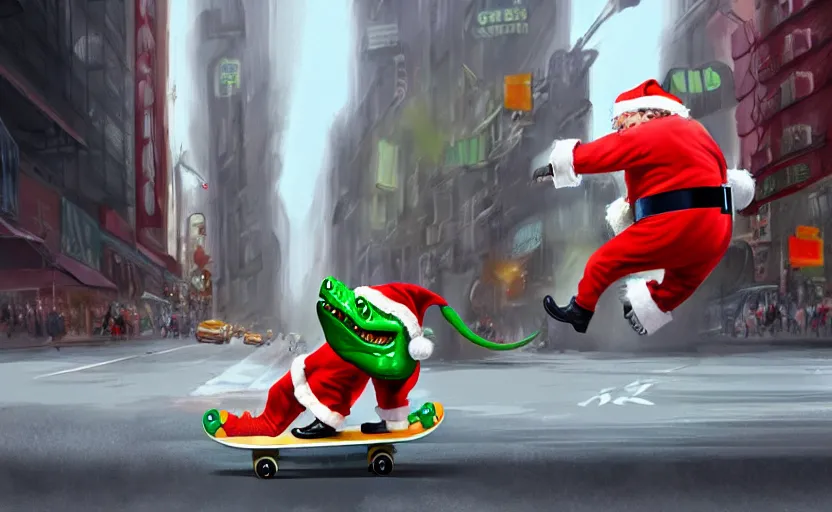 Prompt: a crocodile, dressed as santa claus, on a skateboard in the streets of new york city, concept art, digital illustration, unreal engine, trending on artstation