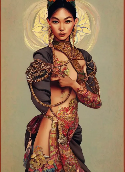 Image similar to portrait of an indonesian supermodels wearing traditional costume, highly detailed, digital painting, artstation, concept art, sharp focus, illustration, art by kittichai rueangchaichan and james gurney and alphonse mucha