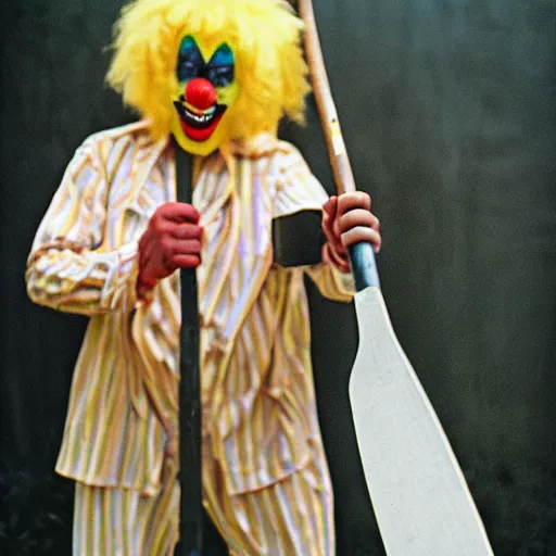 Image similar to a beige clown holding a machete, 3 5 mm film