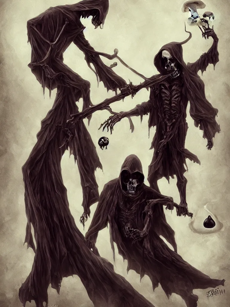 Image similar to the grim reaper stealing the soul from a humanoid mushroom. Dark fantasy art by so-bin. Trending on artstation