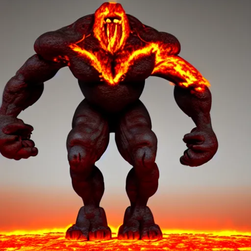 Image similar to a large, muscular, standing, humanoid, lava rock, magma, fire golem creature, burning eyes, exaggerated perspective, unreal engine, 3 5 mm