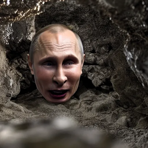 Image similar to photo inside a cavern of a wet reptilian humanoid putin partially hidden behind a rock, with black eyes, open mouth and big teeth