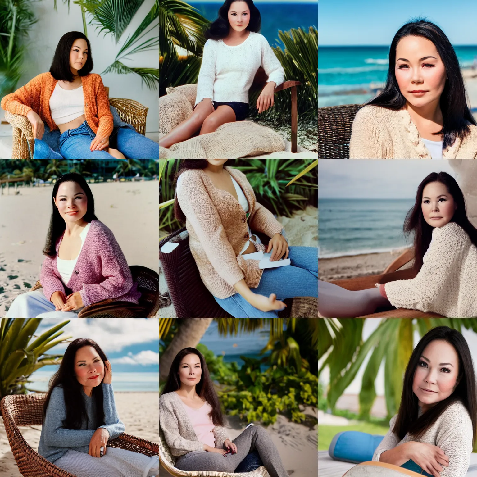 Prompt: a young woman who looks like nancy kwan, wearing a thick knit sweater and cardigan, she is shivering cold with her arms crossed across her chest, in a lounge chair on a tropical beach in summer, midday, sunny, natural lighting, 2019 trending photo, 4k, 8k, 85mm lens