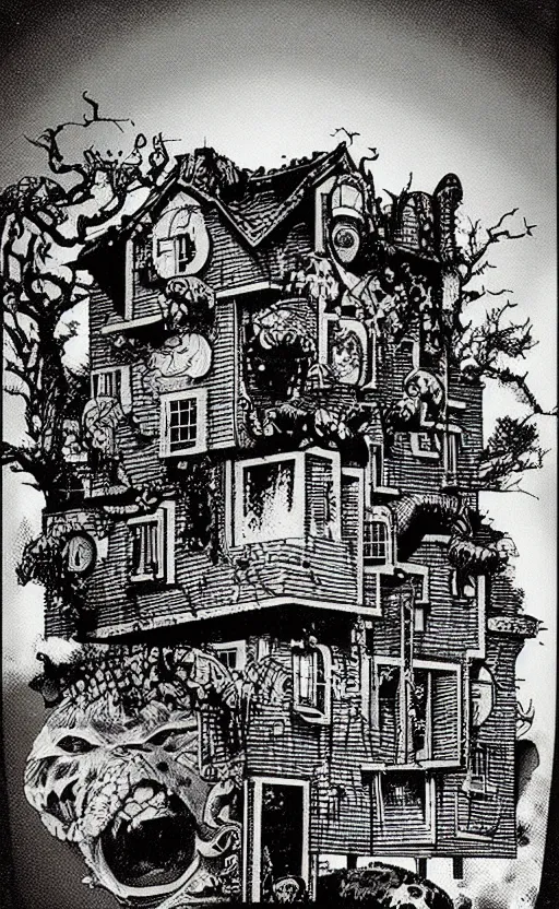 Prompt: an abstract whimsical house, by richard corben. pulp horror art, comic book art