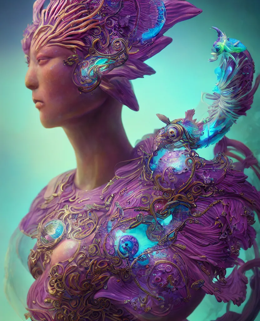 Image similar to goddess full color painted acryllic sculpture close-up portrait. orchid bird phoenix head, nautilus, skull, betta fish, bioluminiscent creatures, intricate artwork by Tooth Wu and wlop and beeple. octane render, trending on artstation, greg rutkowski very coherent symmetrical artwork. cinematic, hyper realism, high detail, octane render, 8k