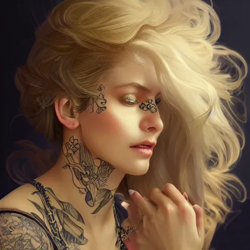 Image similar to ultra realistic illustration, a hot and beautiful tattooed blonde slavic woman in her 3 0's, intricate, elegant, highly detailed, digital painting, artstation, concept art, smooth, sharp focus, illustration, art by artgerm and greg rutkowski and alphonse mucha