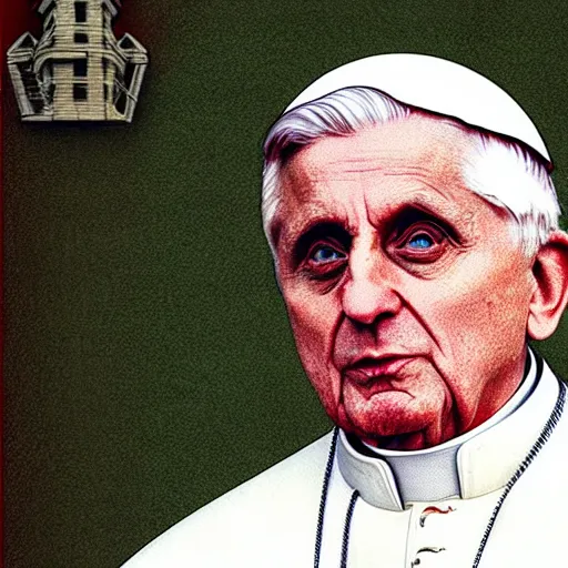 Image similar to portrait of pope benedict xvi screen print. pop art, high detail 8 k