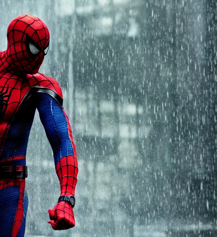 Image similar to cinematic still of jason statham as spiderman, dramatic rain, 8 k