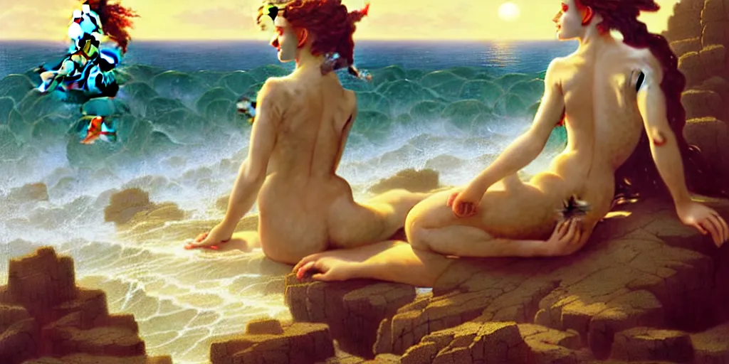 Image similar to ! dream long shot of big sun rough sea and jagged rocks with a beautiful mermaid sits on a rock surrouded by nets, plastic bottles, garbage, sand and sea, golden hour, fantasy, hyper realistic, art by artgerm and greg rutkowski and william - adolphe bouguereau environmental