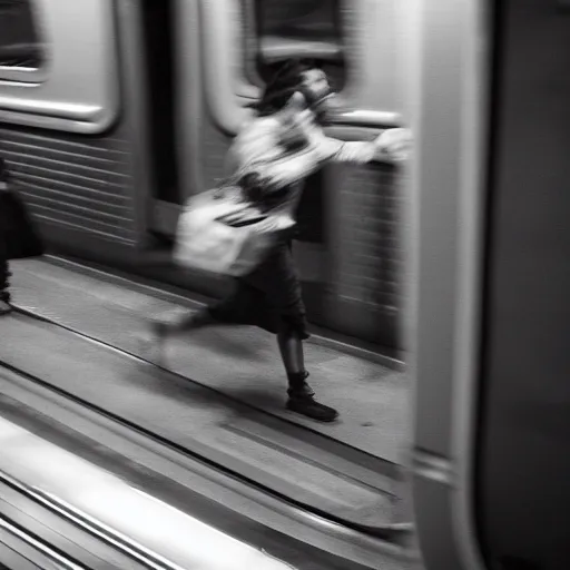 Image similar to of an octopus invading a interior of a subway train in new york, people are running away scared, shutter speed is 8 0,