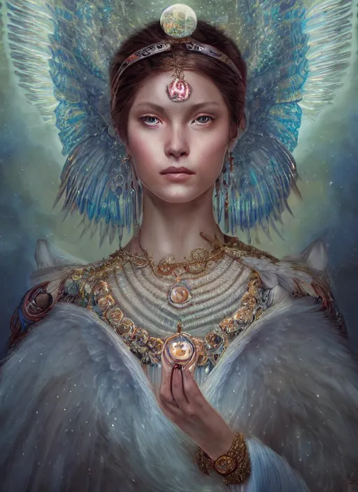 Image similar to A beautiful digital painting of a female Seraphim full of jewels, princess, the moon behind her, intricate, cinematic lighting, highly detailed, digital painting, Artstation, concept art, smooth, sharp focus, illustration, art by Tom Bagshaw, Artgerm and Greg Rutkowski