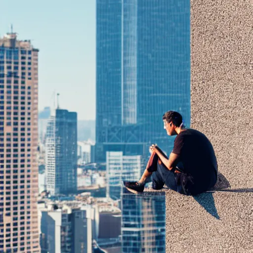 Image similar to a man sitting on the edge of a tall building. just observing