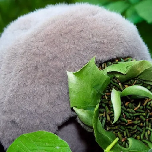 Prompt: big fluffy tardigrade in a cage, eating leaves and pellets, cute, wholesome