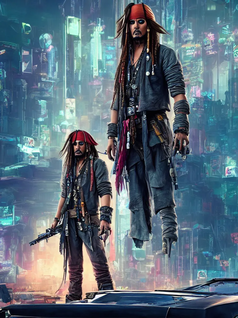 Image similar to jack sparrow in the game of cyberpunk 2 0 7 7, portrait, focus, 3 d illustration, sharp, intricate, poster, jack sparrow standing in front of the futuristic car, night city dystopian cyberpunk city in the background, photo, 3 d super render