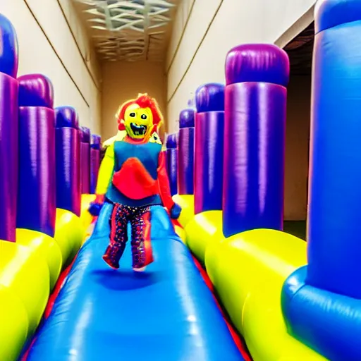 Prompt: chased by a scary clown in an endless corridor made of bouncy castle