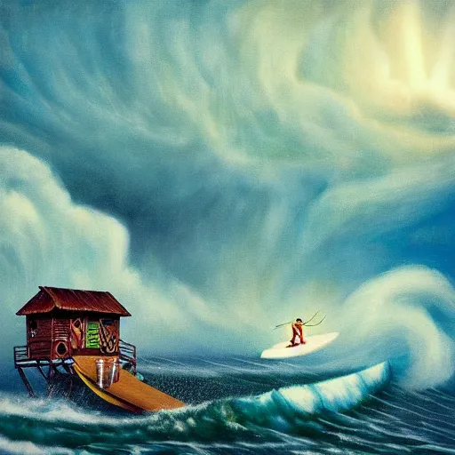 Prompt: bob marley surfing 50 foot waves in a violent lightning storm, a tiki hut in the foreground is almost blown over by the powerful winds by Alexander Jansson, oil on canvas, 8k