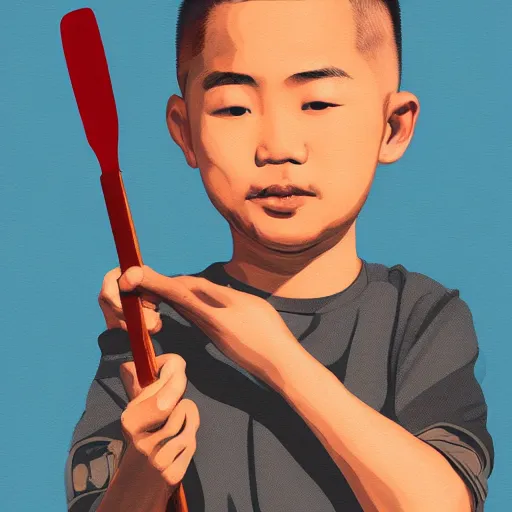 Image similar to dramatic portrait of chinese boy buzz cut, holding a spatula, digital painting