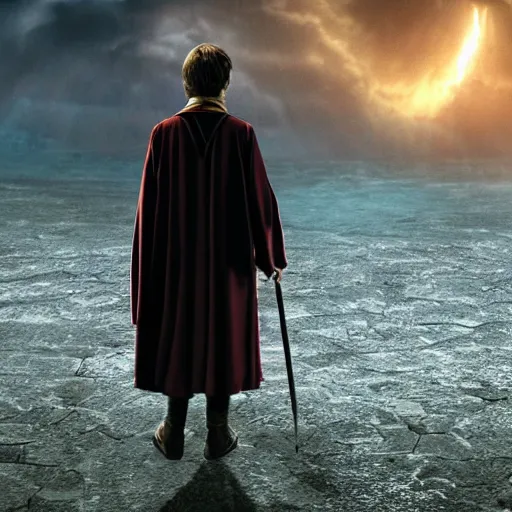 Image similar to Harry potter standing and casting a short wand, back view, thunderclouds, cinematic shot, wide shot, epic scale, waving robe movement, photorealistic detail and quality, intricate ground stone, magical sigils, floating particle effects, movie still, nighttime, crescent moon, sharp and clear, action shot, intense scene, visually coherent, symmetry, rule of thirds, movement, photorealistic colors, cool colors transitioning to warm colors, modest tone, award winning, directed by Steven Spielberg, Christopher Nolan, Tooth Wu, Asher Duran