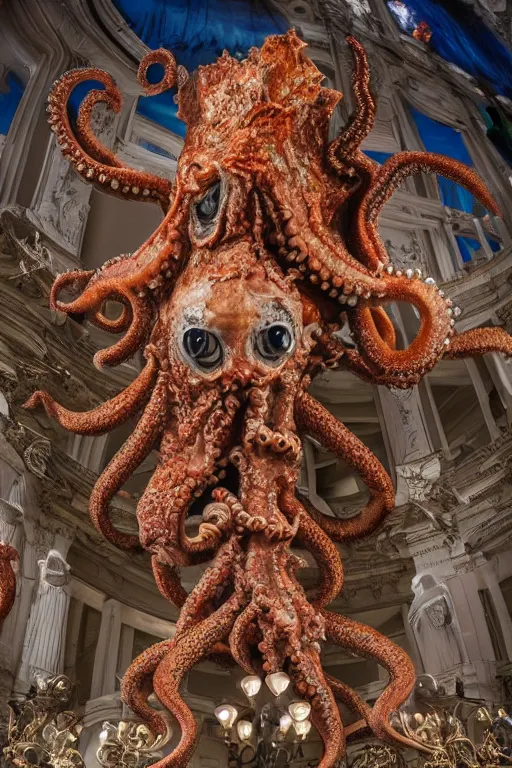 Prompt: a spectacular wideangle shot of a giant scary rococo octopus queen, award winning photography