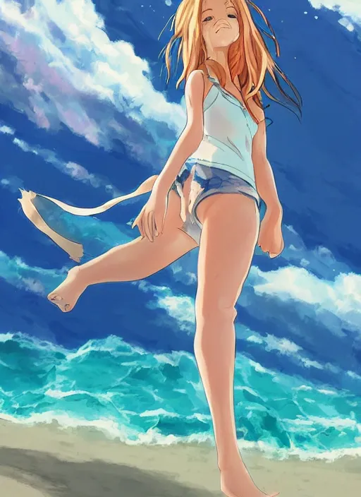 Image similar to girl at a beach, happy, beautiful, finely detailed, made by ross tran, studio ghibli, full body portrait, illustration, shinny water, shinny sand, sunny, anime, front view, perfect anime face, realistic face, zoomed out, smooth, blue eyes, high waisted shorts, sharp focus