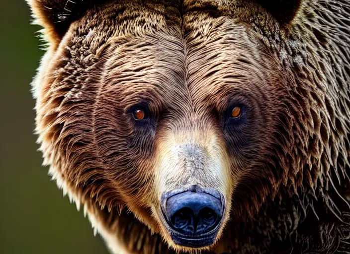 Prompt: an award winning photo of a grizzly bear with an owl's head, enviromental portrait, forest, 4 k, wildlife photography, high quality, national geographic