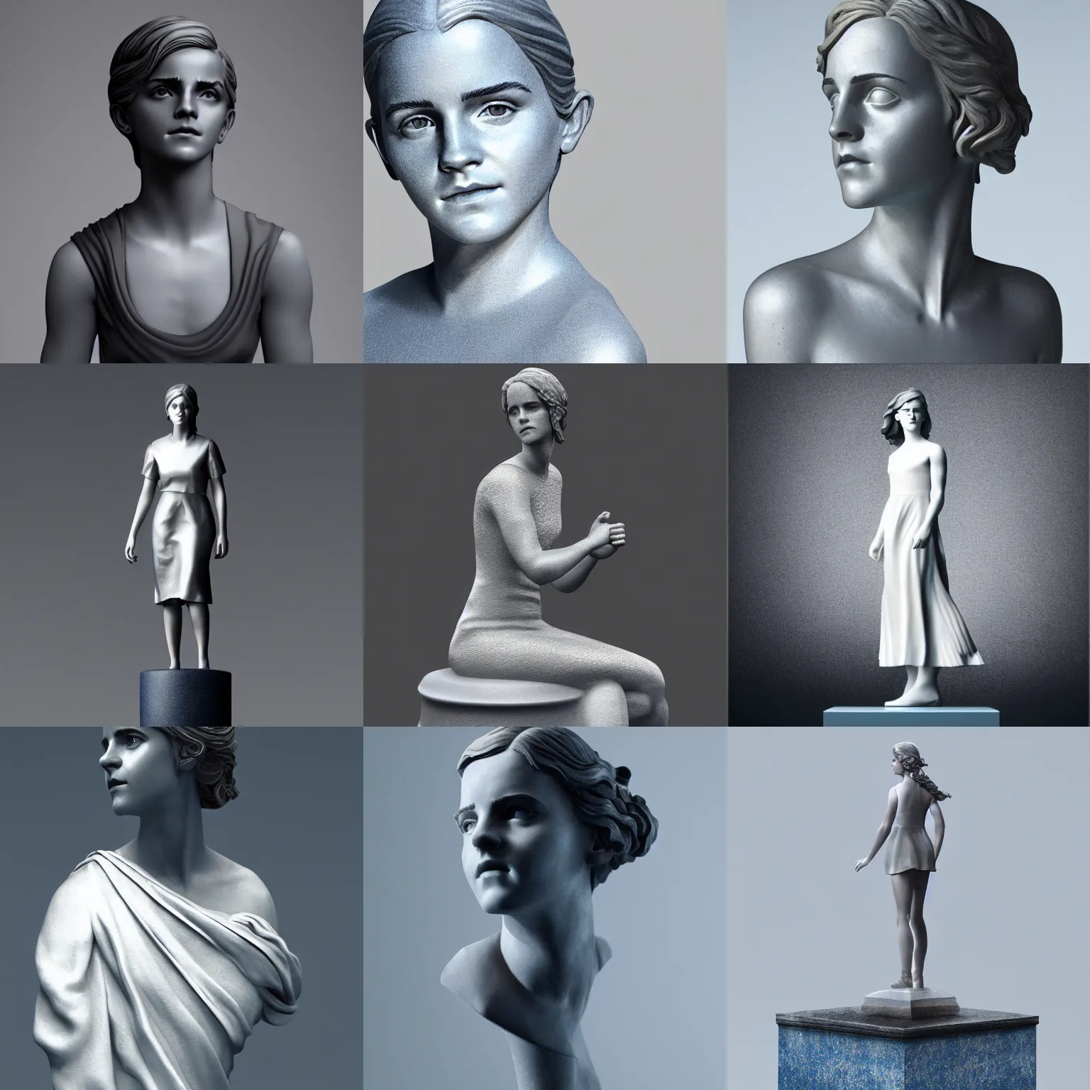 Prompt: ( statue of the emma watson ) designed by apple, studio photo, white backdrop, studio light, solid works, octane render, macro shot, in focus, dept of field, silver, blue, black design