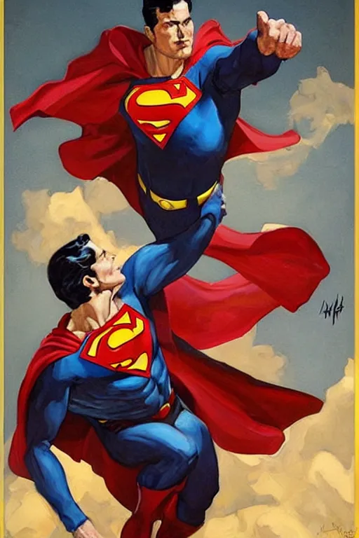 Prompt: superman vs homelader, painting by jc leyendecker!! phil hale!, angular, brush strokes, painterly, vintage, crisp